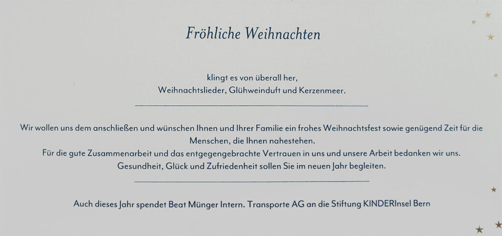 Fröhliche Weihnachten 2023 bei B. Münger, Intern. Transporte AG